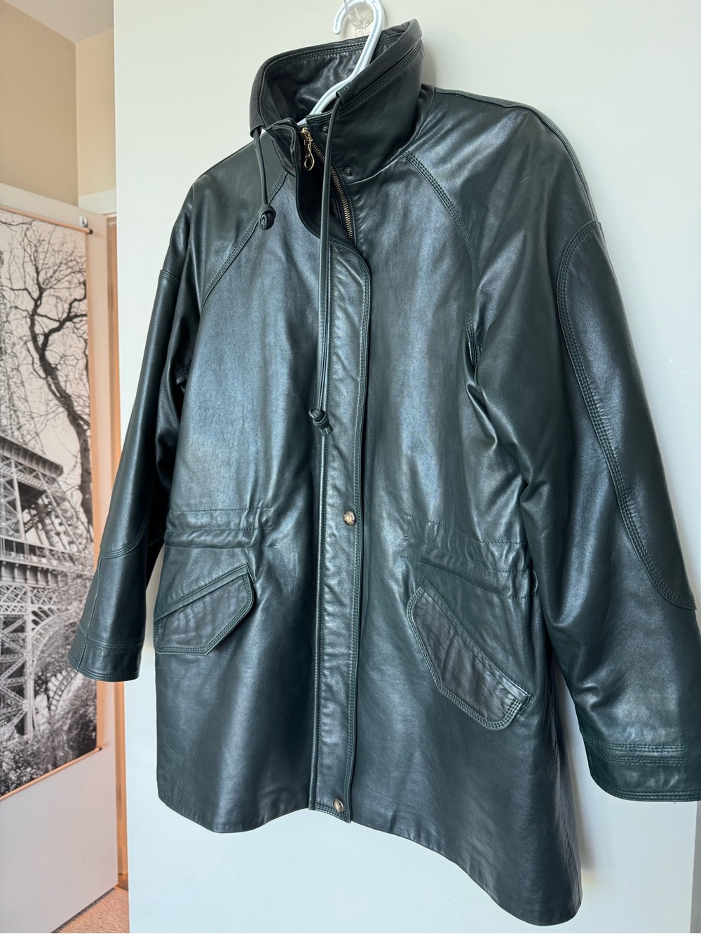 Vintage Nancy Lord Dark Green Leather Coat High Collar Drawstring Waist
M/L
